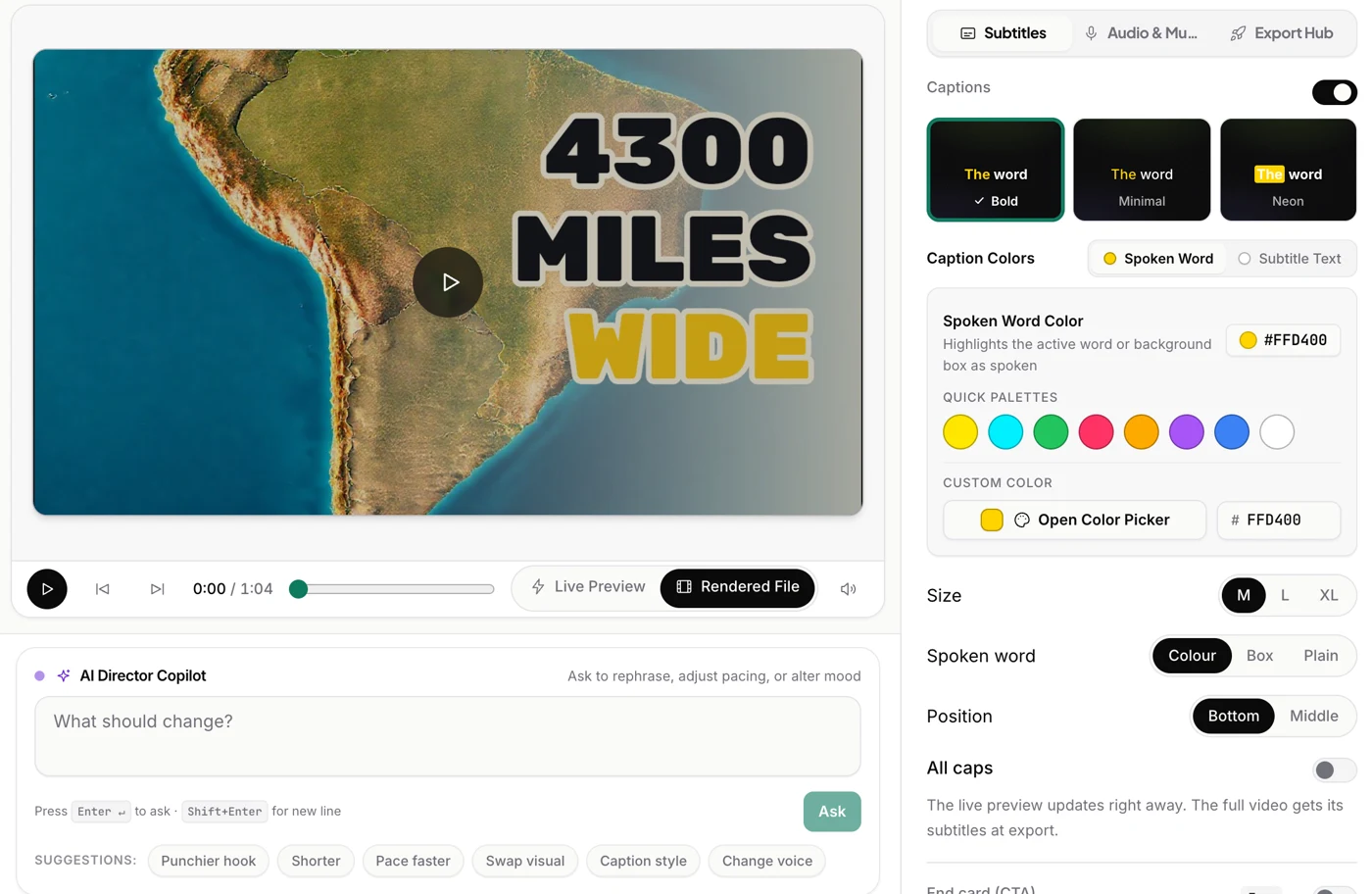The Unfaced editor: a live preview, AI Director suggestions such as Punchier hook and Change voice, and the caption styles.